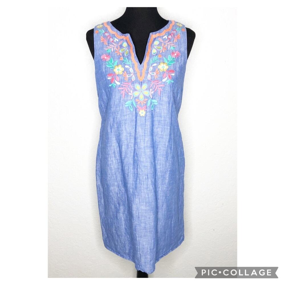 Talbots blue floral embroidered linen blend sleeveless dress size 4
